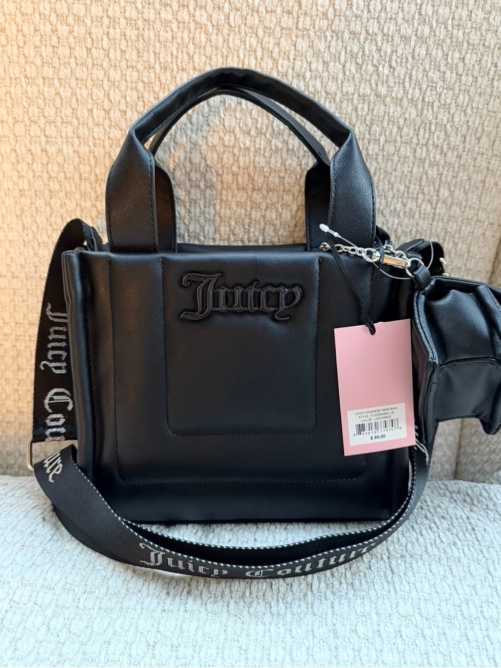 Juicy Couture Academy Puffer Tote Bag Satchel Black Liquorice Faux Leather NWT
